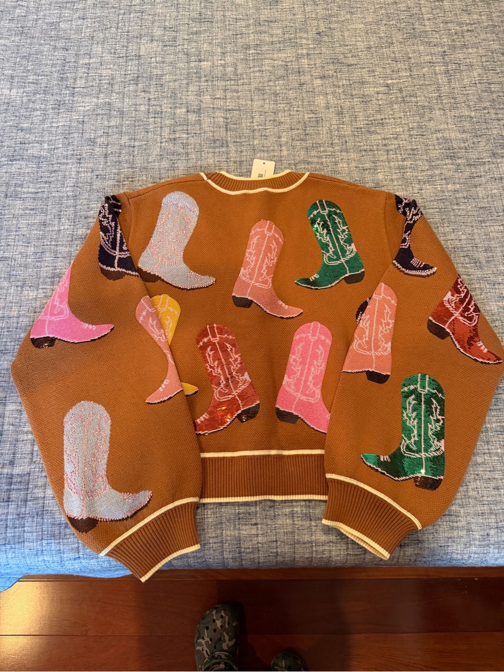 QUEEN OF SPARKLES Brown Cardigan with Multicolor Cowboy Boot Motifs - Picture 3 of 3